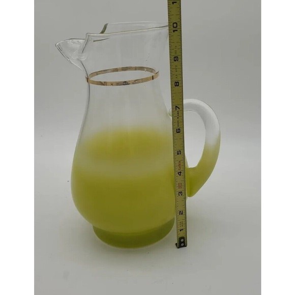 Pitcher Blendo Vintage Retro Frosted Yellow Green Glass Gold Trim MCM - Picture 5 of 10